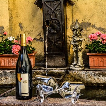 Wineglasses and bottle of Weger wine in front of a fountain at Weger in Trentino Alto Adige