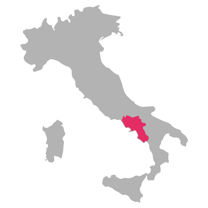 Campania wine region highlighted in pink on a map of Italy