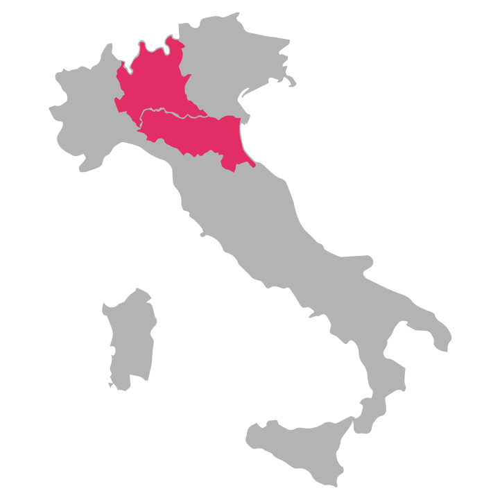 Emilia-Romagna-and-Lombardia wine region highlighted in pink on a map of Italy