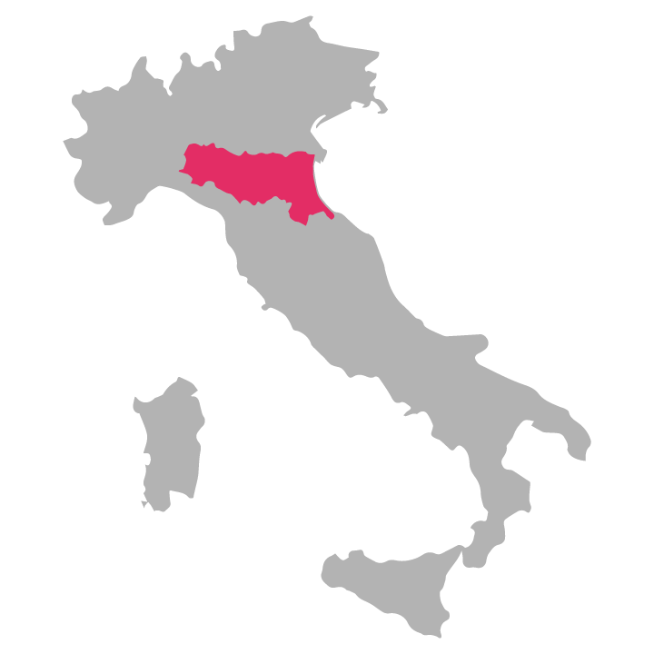 Emilia-Romagna wine region highlighted in pink on a map of Italy