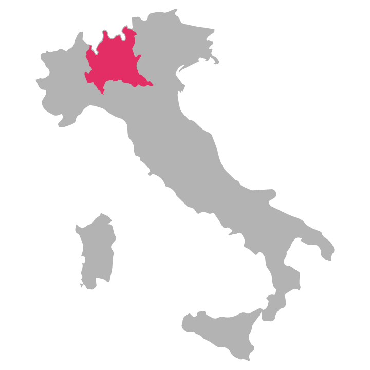 Lombardia wine region highlighted in pink on a map of Italy