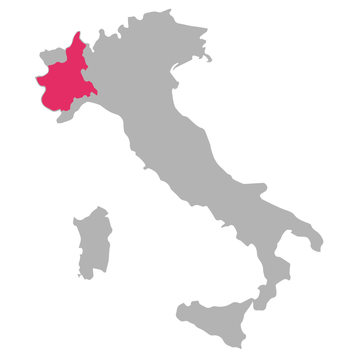 Piemonte wine region highlighted in pink on a map of Italy