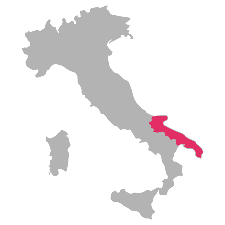 Puglia wine region highlighted in pink on a map of Italy