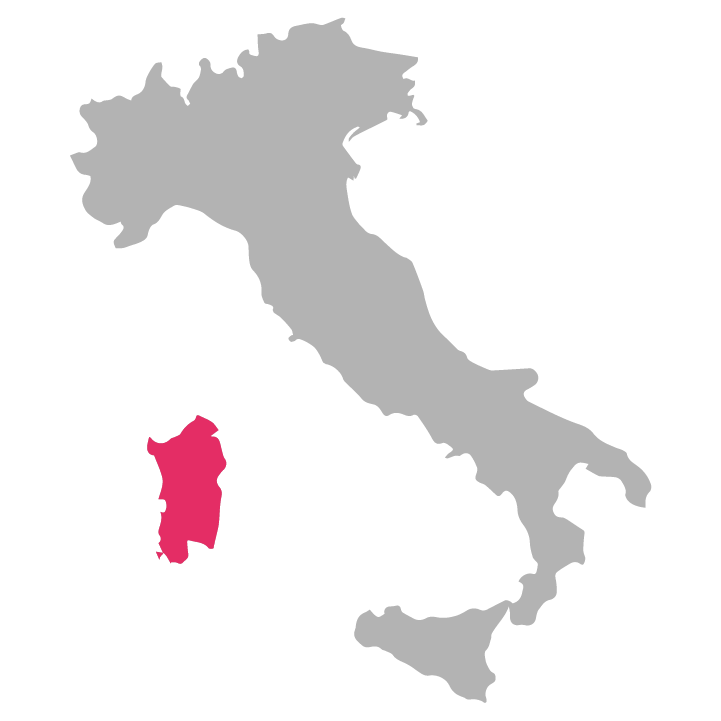 Sardegna wine region highlighted in pink on a map of Italy