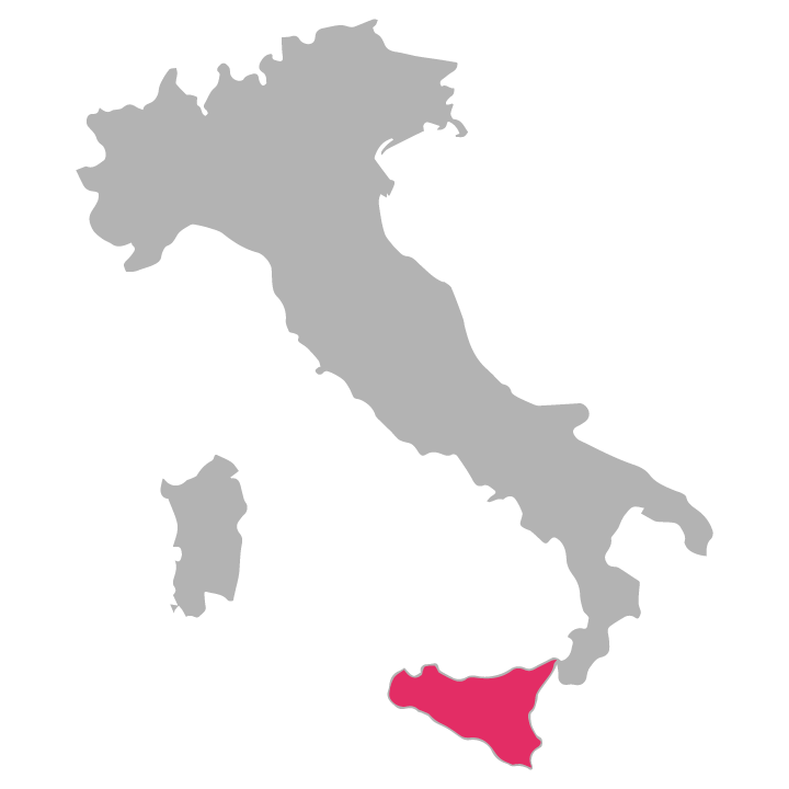 Sicilia wine region highlighted in pink on a map of Italy