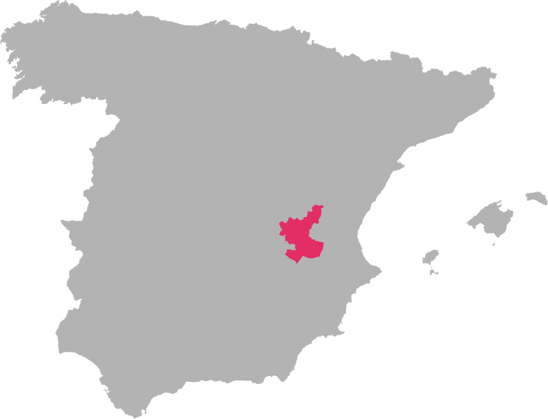 Spain---Manchuela wine region highlighted in pink on a map of Italy