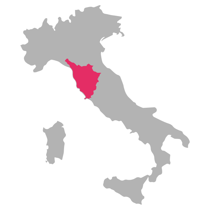 Toscana wine region highlighted in pink on a map of Italy
