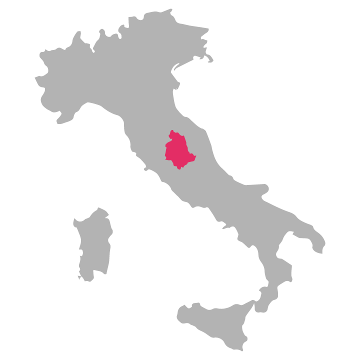 Umbria wine region highlighted in pink on a map of Italy