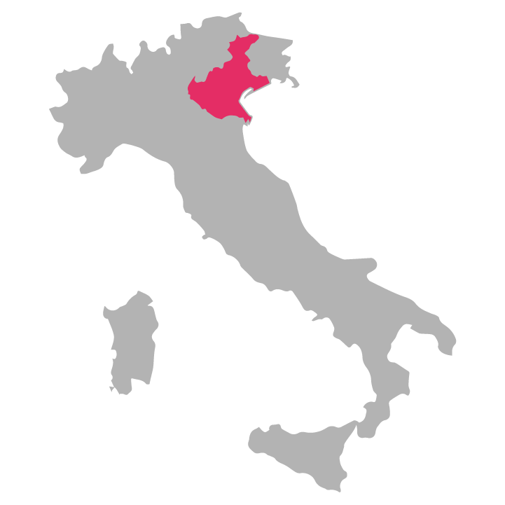 Veneto wine region highlighted in pink on a map of Italy